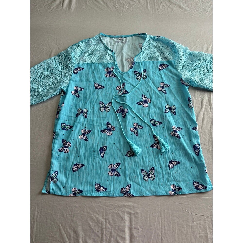 Blue Butterfly Vneck Drawstring Knit Long Sleeve Blouse size Large